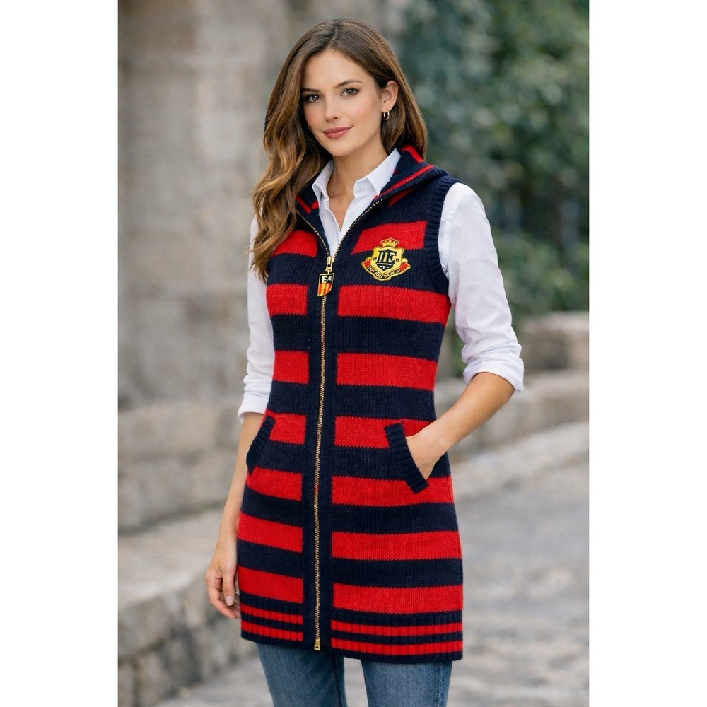 E-LAND Hooded Striped Knit Vest Navy Red Gold Crest Zip Preppy Small 170 92A